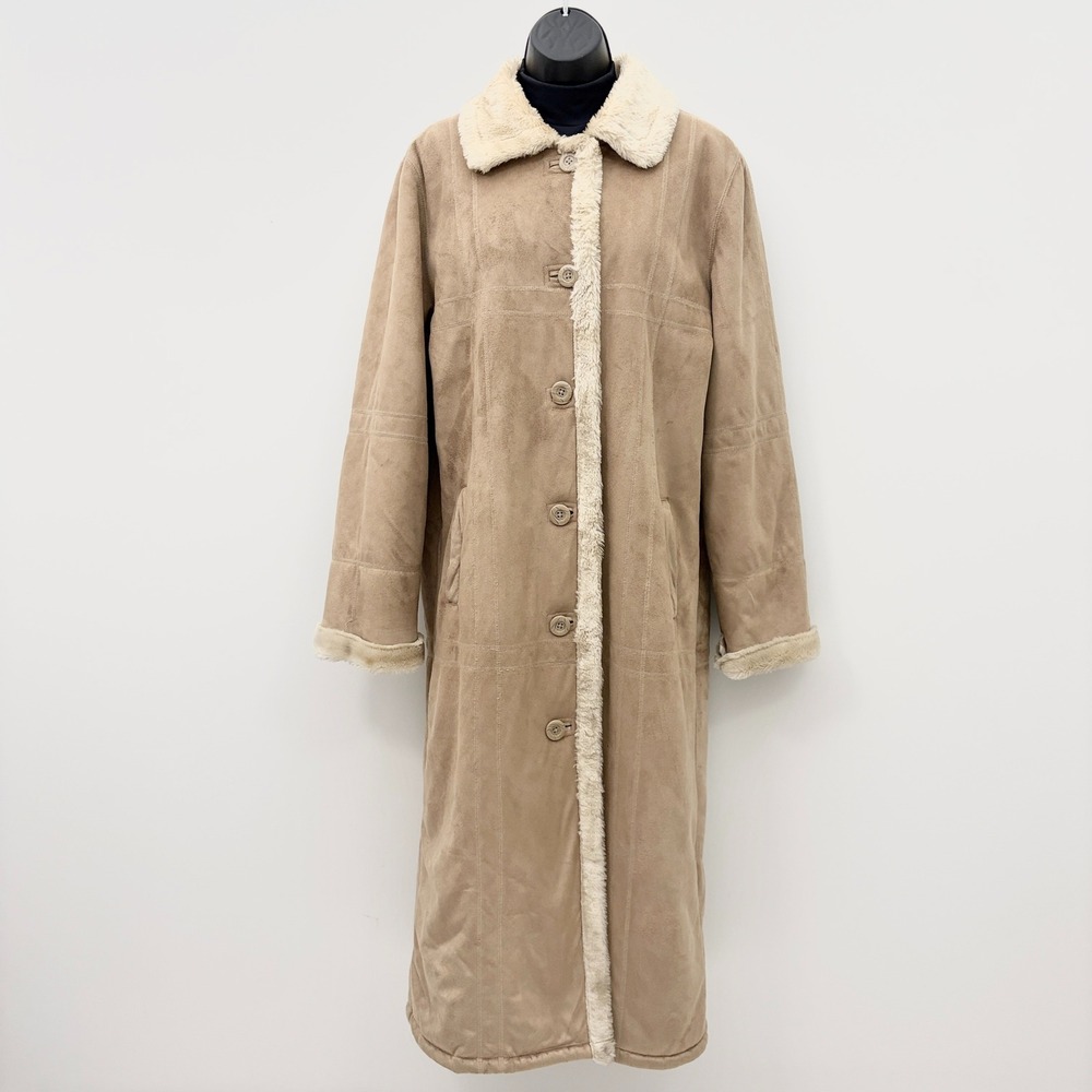 y2k Big Chill Faux Suede Shearling Penny Lane Trench Coat Small Tan penny lane